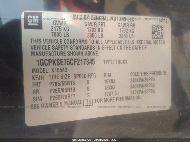 Photo 8 VIN: 1GCPKSE75CF217345 - CHEVROLET SILVERADO 1500 