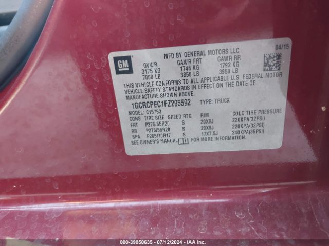 Photo 8 VIN: 1GCRCPEC1FZ295592 - CHEVROLET SILVERADO 