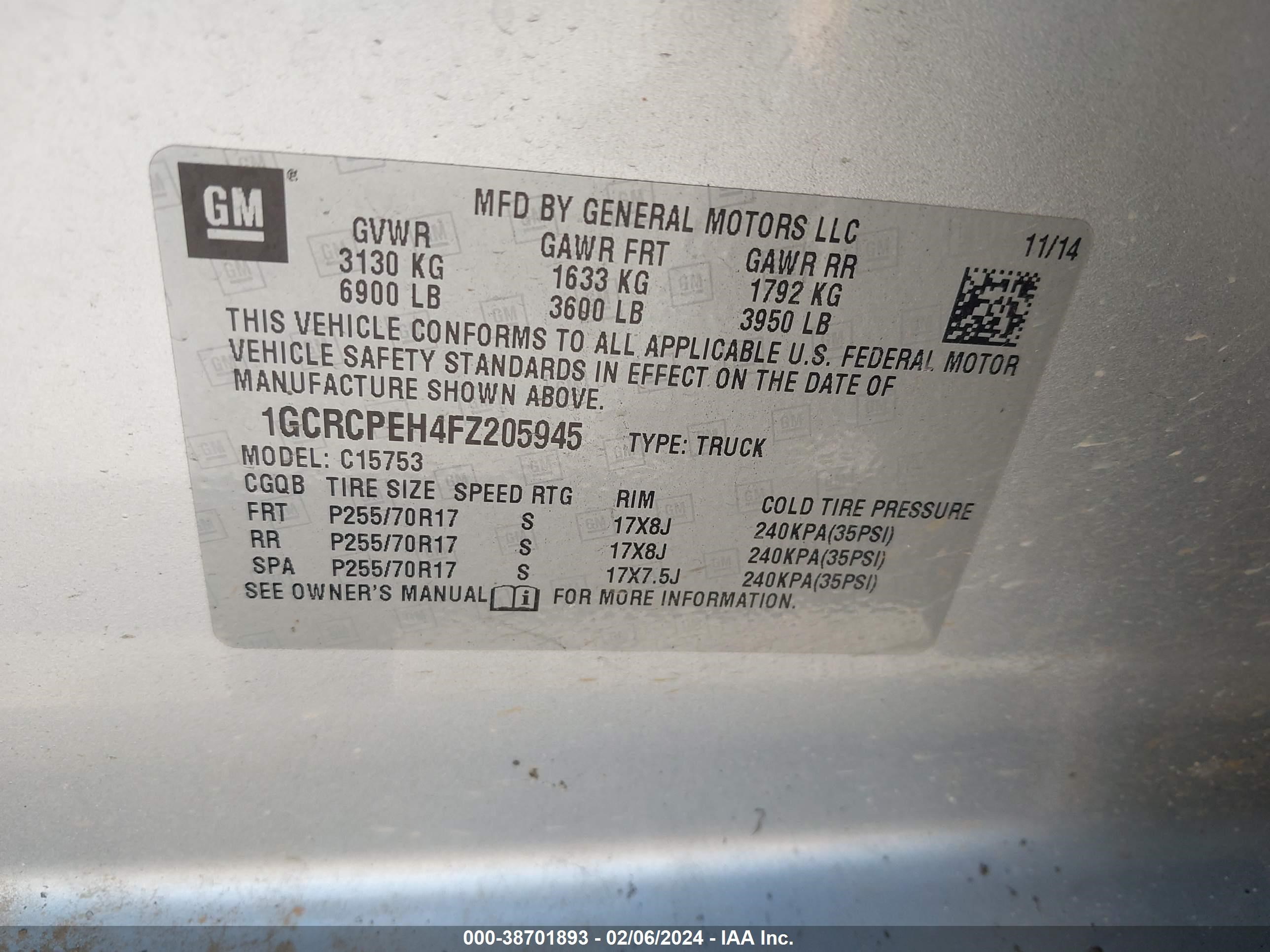 Photo 8 VIN: 1GCRCPEH4FZ205945 - CHEVROLET SILVERADO 