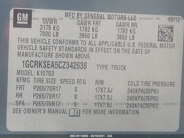 Photo 8 VIN: 1GCRKSEA5CZ342638 - CHEVROLET SILVERADO 1500 