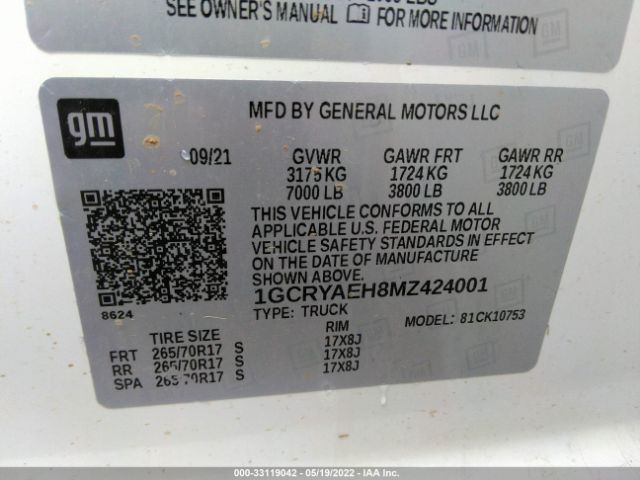 Photo 8 VIN: 1GCRYAEH8MZ424001 - CHEVROLET SILVERADO 1500 