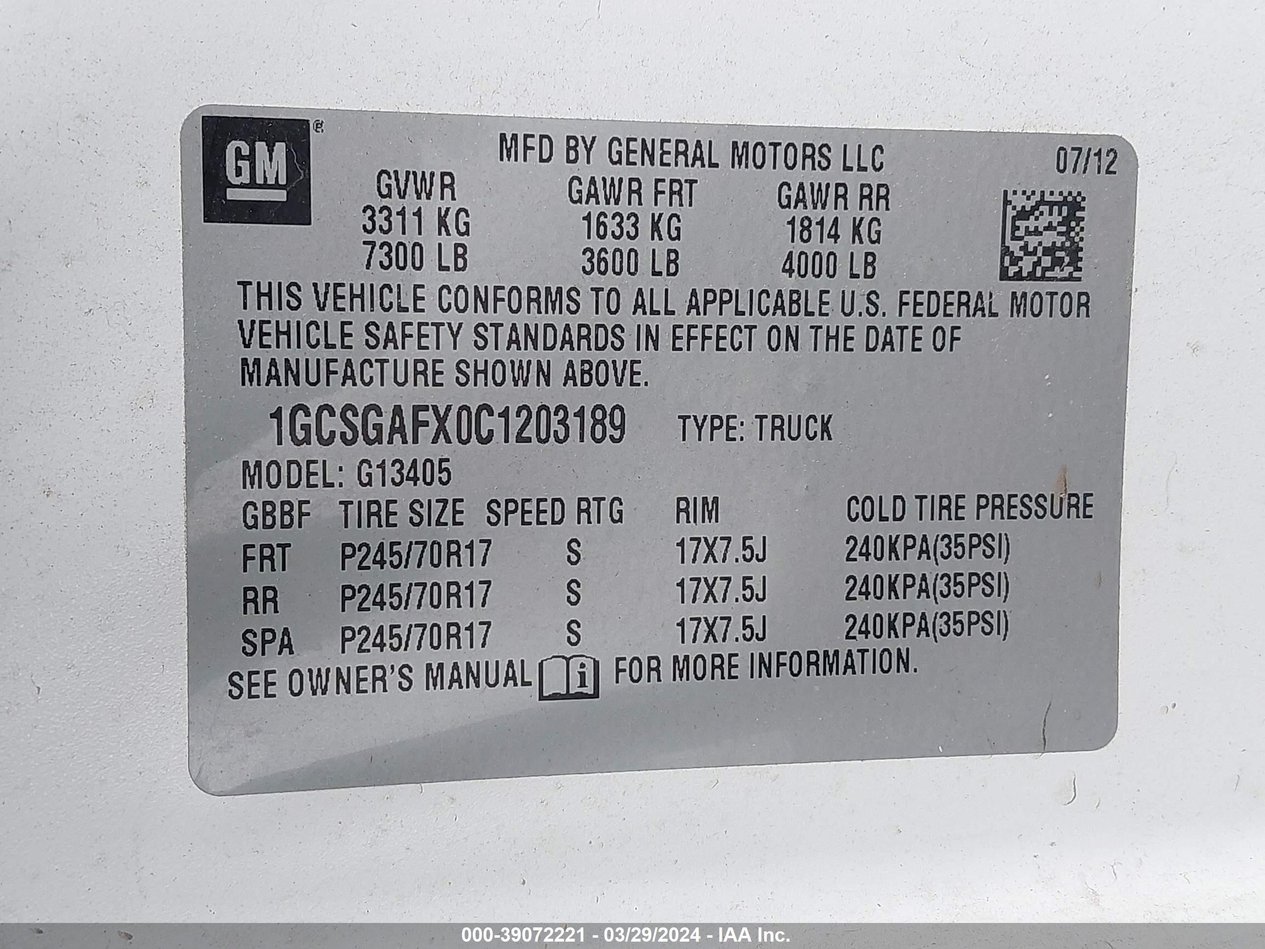 Photo 8 VIN: 1GCSGAFX0C1203189 - CHEVROLET NULL 