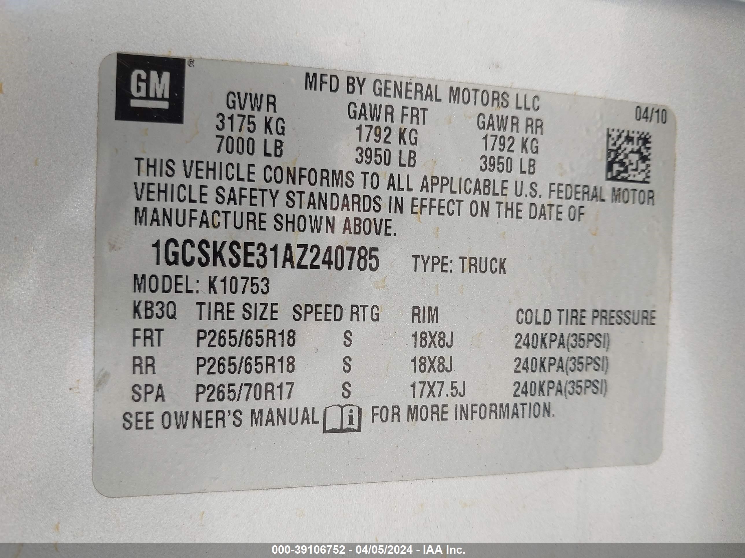 Photo 8 VIN: 1GCSKSE31AZ240785 - CHEVROLET SILVERADO 