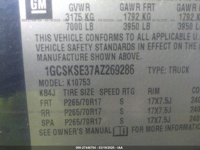 Photo 8 VIN: 1GCSKSE37AZ269286 - CHEVROLET SILVERADO 1500 