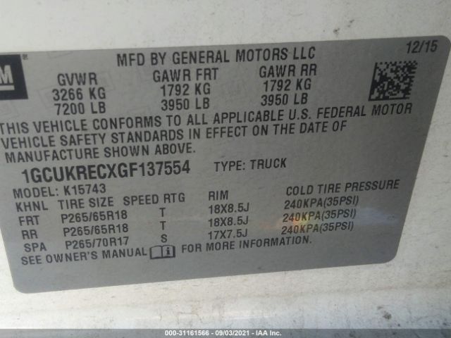 Photo 8 VIN: 1GCUKRECXGF137554 - CHEVROLET SILVERADO 1500 