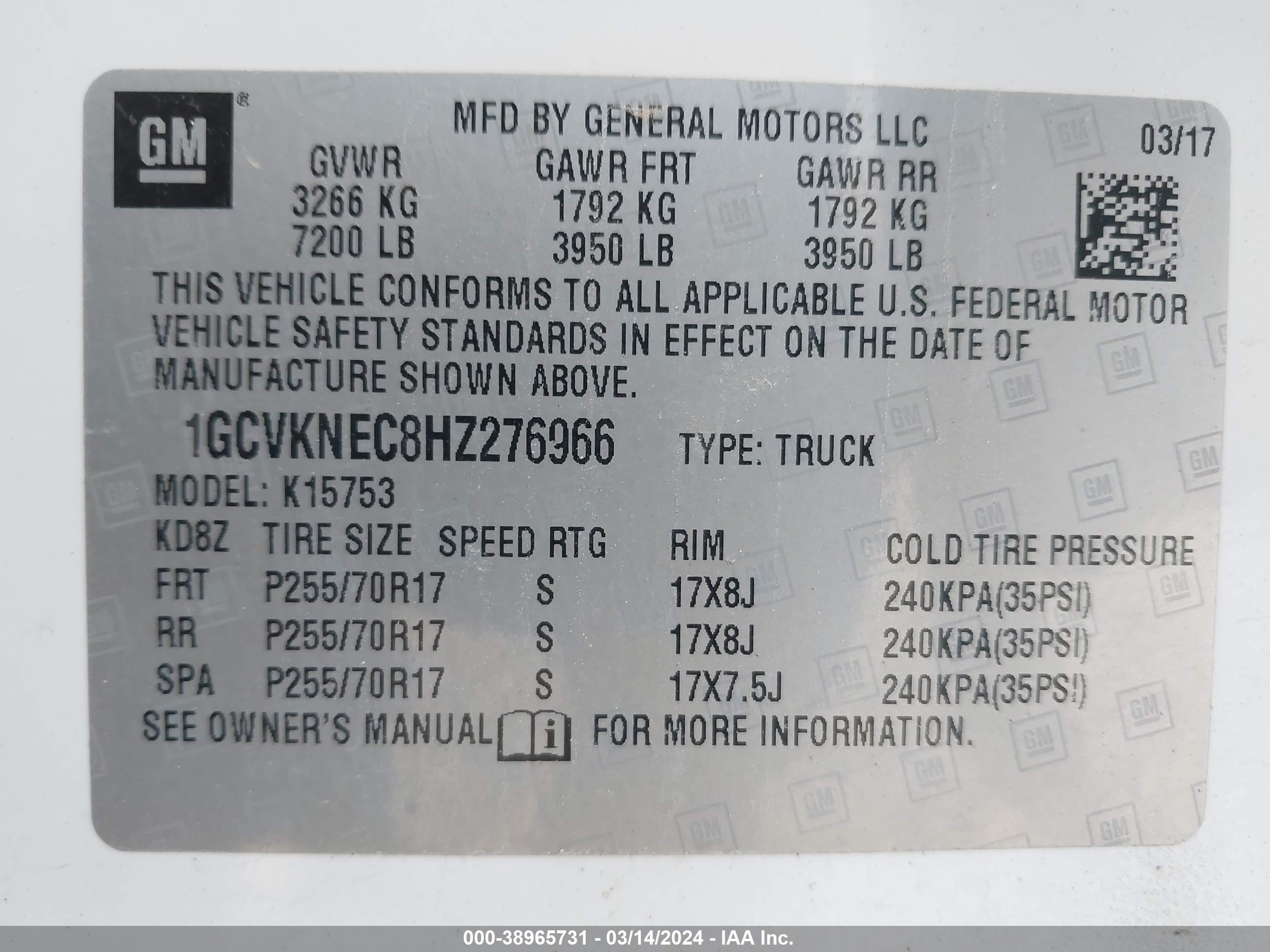 Photo 8 VIN: 1GCVKNEC8HZ276966 - CHEVROLET SILVERADO 1500 