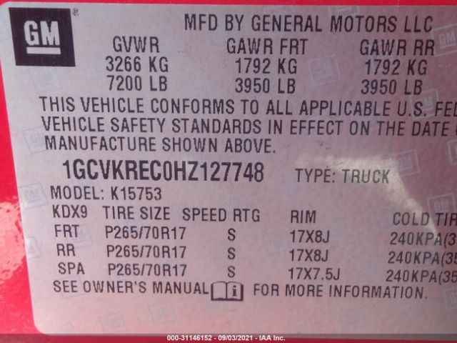 Photo 8 VIN: 1GCVKREC0HZ127748 - CHEVROLET SILVERADO 1500 