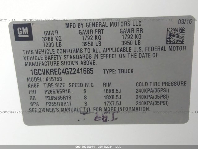 Photo 8 VIN: 1GCVKREC4GZ241685 - CHEVROLET SILVERADO 1500 