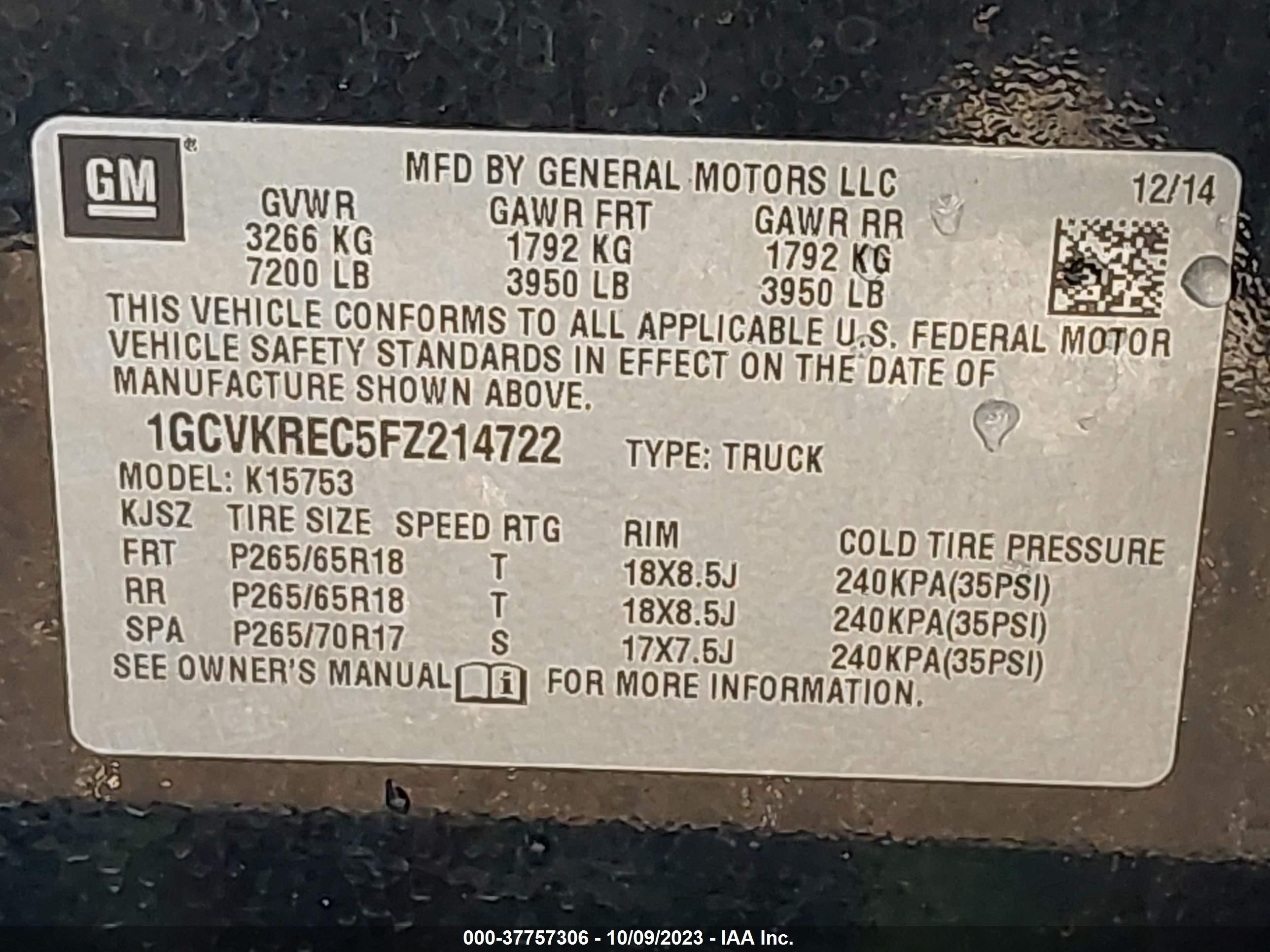 Photo 8 VIN: 1GCVKREC5FZ214722 - CHEVROLET SILVERADO 1500 