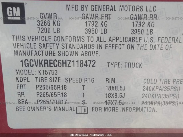 Photo 8 VIN: 1GCVKREC6HZ118472 - CHEVROLET SILVERADO 1500 