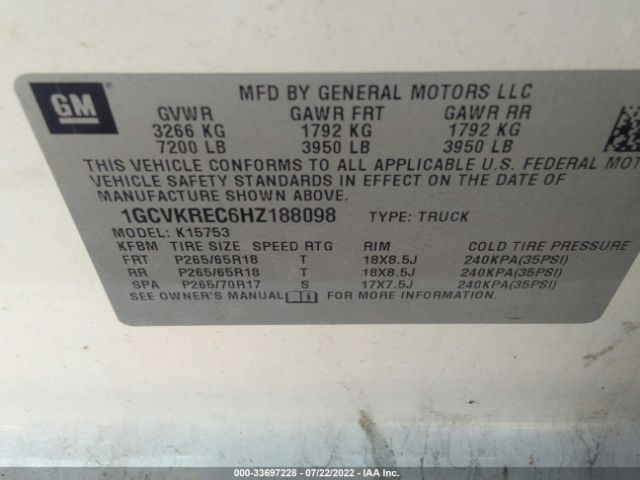 Photo 8 VIN: 1GCVKREC6HZ188098 - CHEVROLET SILVERADO 1500 