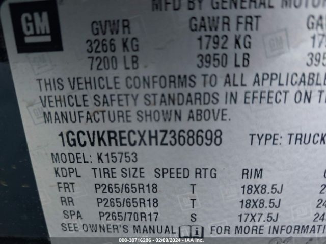 Photo 8 VIN: 1GCVKRECXHZ368698 - CHEVROLET SILVERADO 1500 