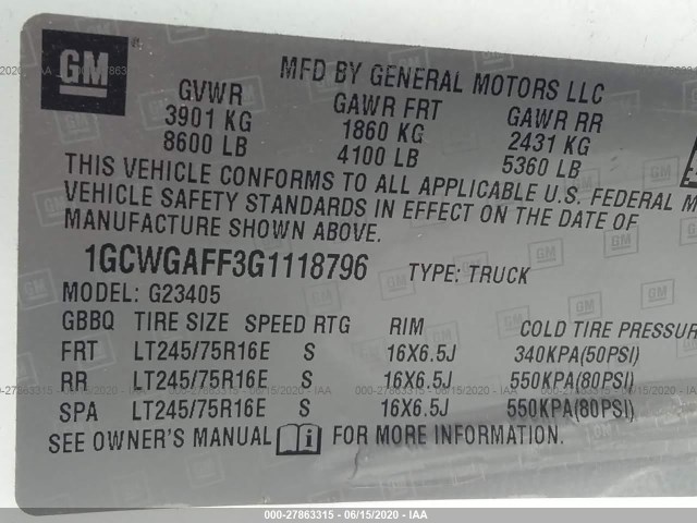 Photo 8 VIN: 1GCWGAFF3G1118796 - CHEVROLET EXPRESS CARGO VAN 