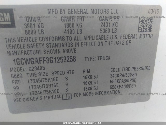 Photo 8 VIN: 1GCWGAFF3G1253258 - CHEVROLET EXPRESS CARGO VAN 