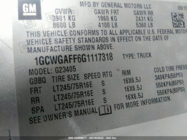 Photo 8 VIN: 1GCWGAFF6G1117318 - CHEVROLET EXPRESS CARGO VAN 