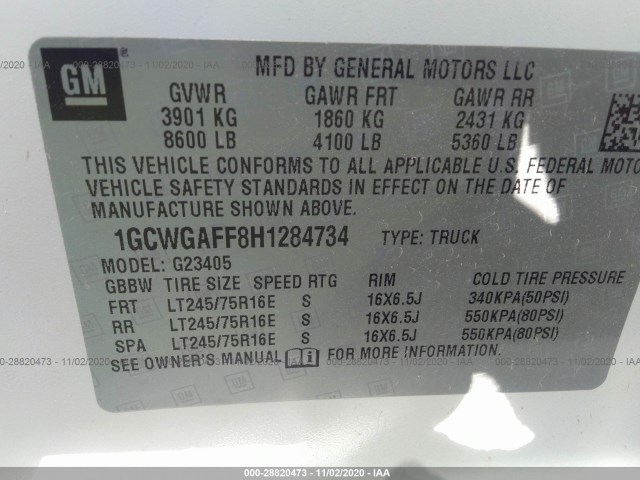 Photo 8 VIN: 1GCWGAFF8H1284734 - CHEVROLET EXPRESS CARGO VAN 