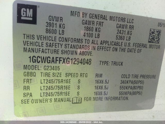 Photo 8 VIN: 1GCWGAFFXG1294048 - CHEVROLET EXPRESS CARGO VAN 