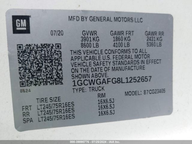 Photo 8 VIN: 1GCWGAFG8L1252657 - CHEVROLET EXPRESS 