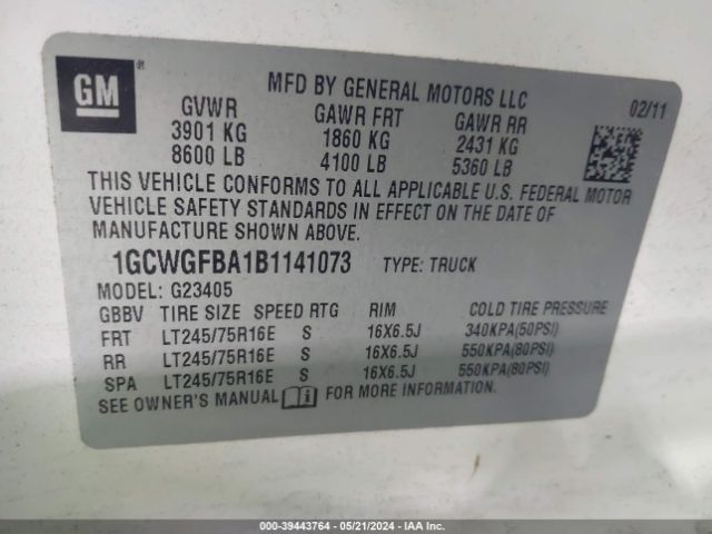 Photo 8 VIN: 1GCWGFBA1B1141073 - CHEVROLET EXPRESS 2500 