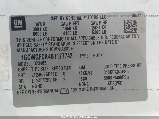 Photo 8 VIN: 1GCWGFCA4B1177743 - CHEVROLET EXPRESS CARGO VAN 