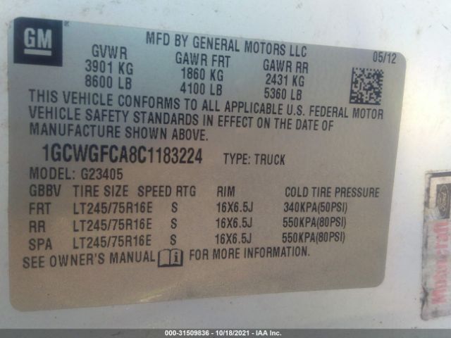 Photo 8 VIN: 1GCWGFCA8C1183224 - CHEVROLET EXPRESS CARGO VAN 