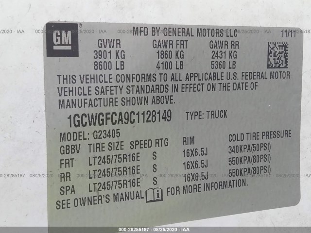 Photo 8 VIN: 1GCWGFCA9C1128149 - CHEVROLET EXPRESS CARGO VAN 