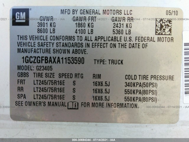 Photo 8 VIN: 1GCZGFBAXA1153590 - CHEVROLET EXPRESS CARGO VAN 