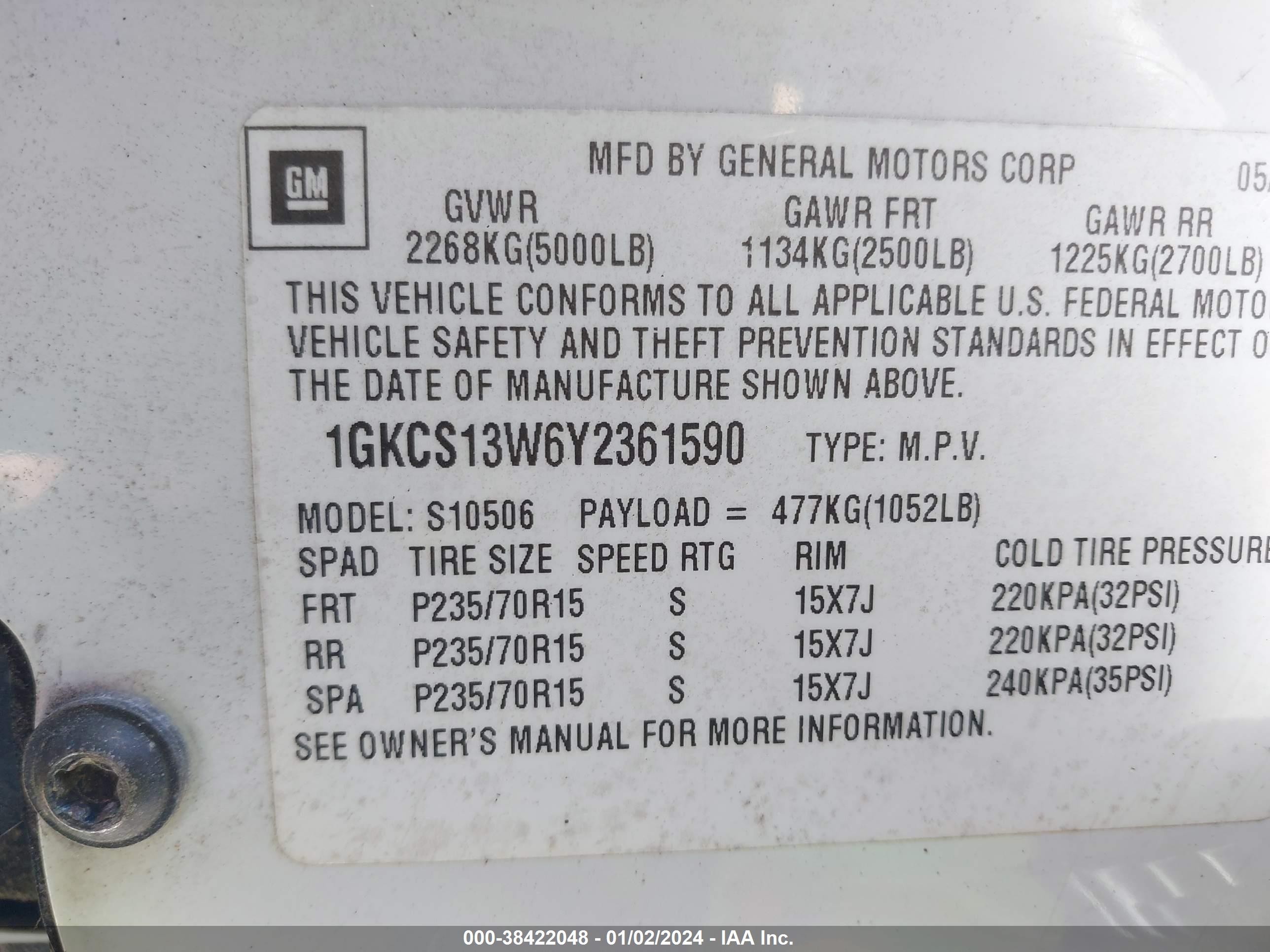 Photo 8 VIN: 1GKCS13W6Y2361590 - GMC JIMMY 