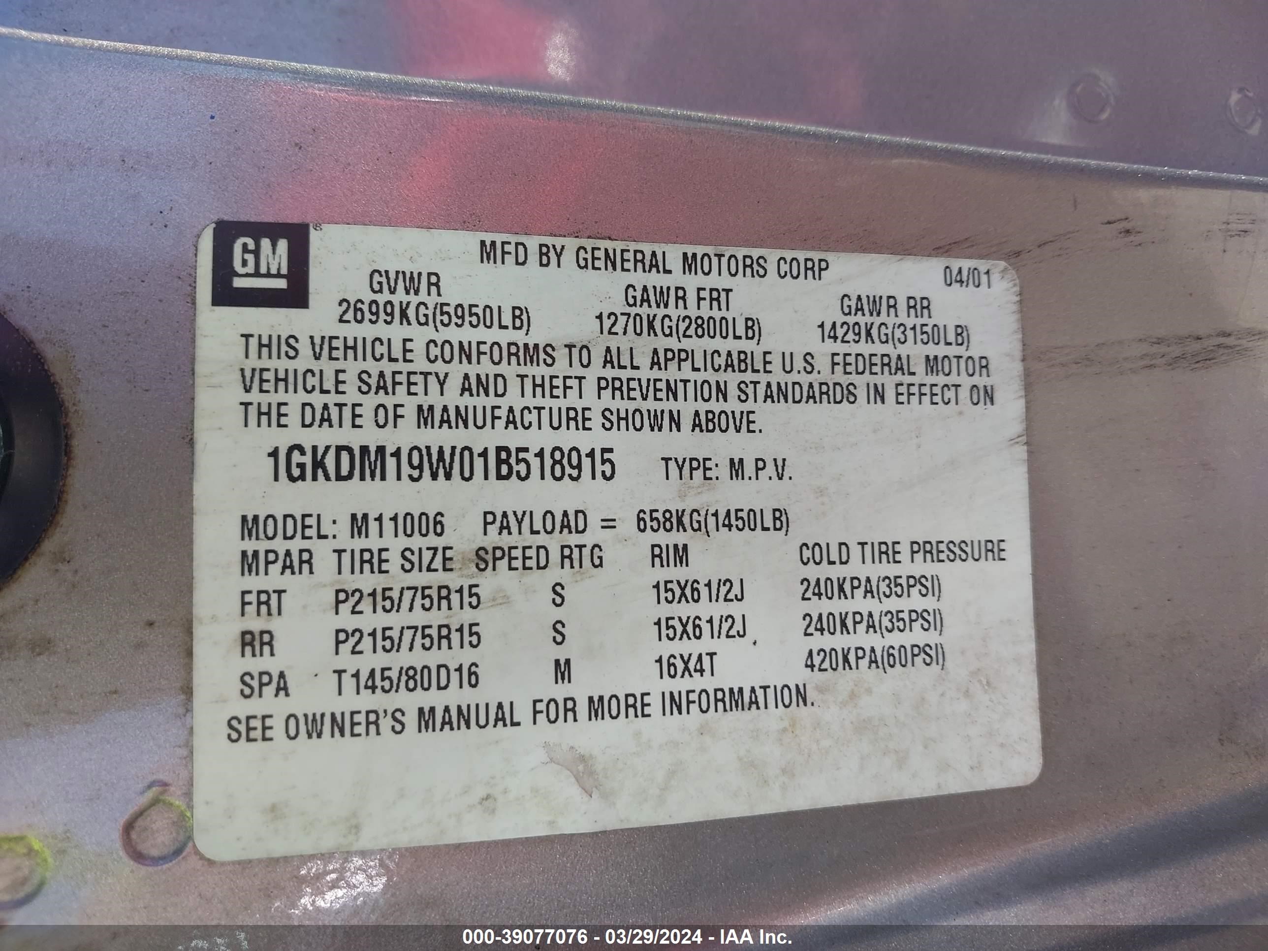 Photo 8 VIN: 1GKDM19W01B518915 - GMC SAFARI 