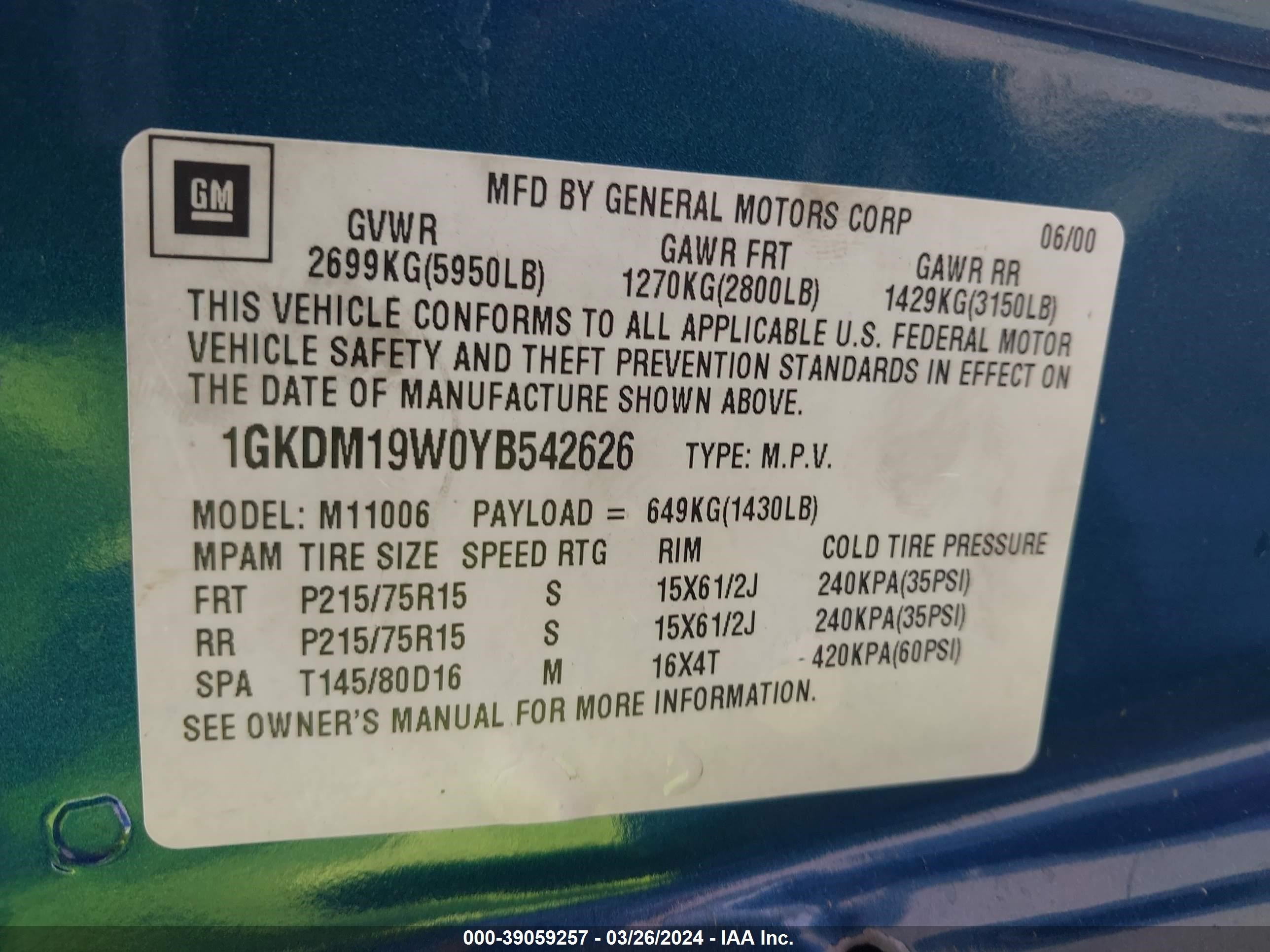 Photo 8 VIN: 1GKDM19W0YB542626 - GMC SAFARI 