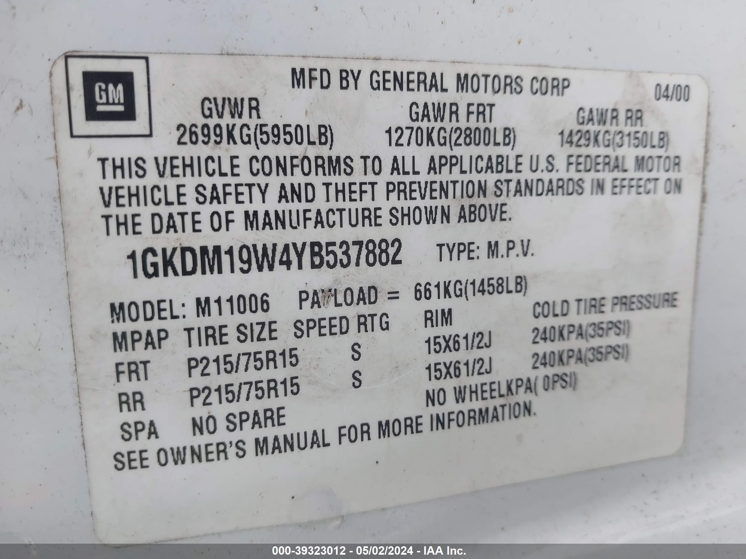 Photo 8 VIN: 1GKDM19W4YB537882 - GMC SAFARI 