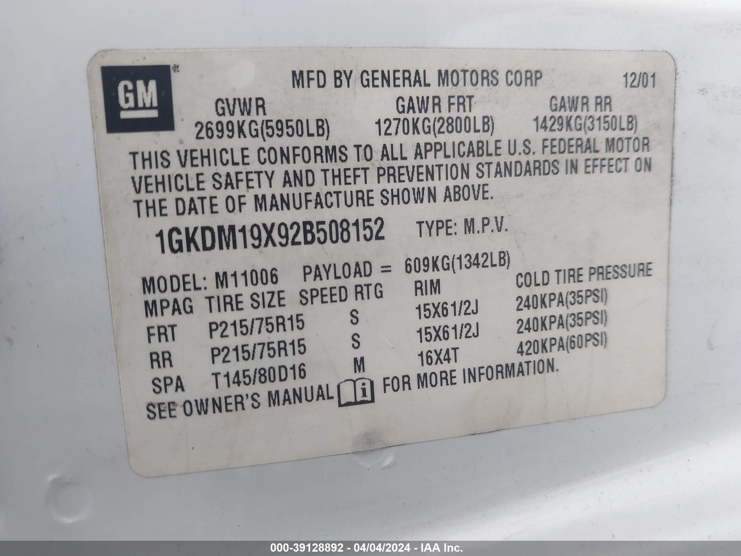 Photo 8 VIN: 1GKDM19X92B508152 - GMC SAFARI 