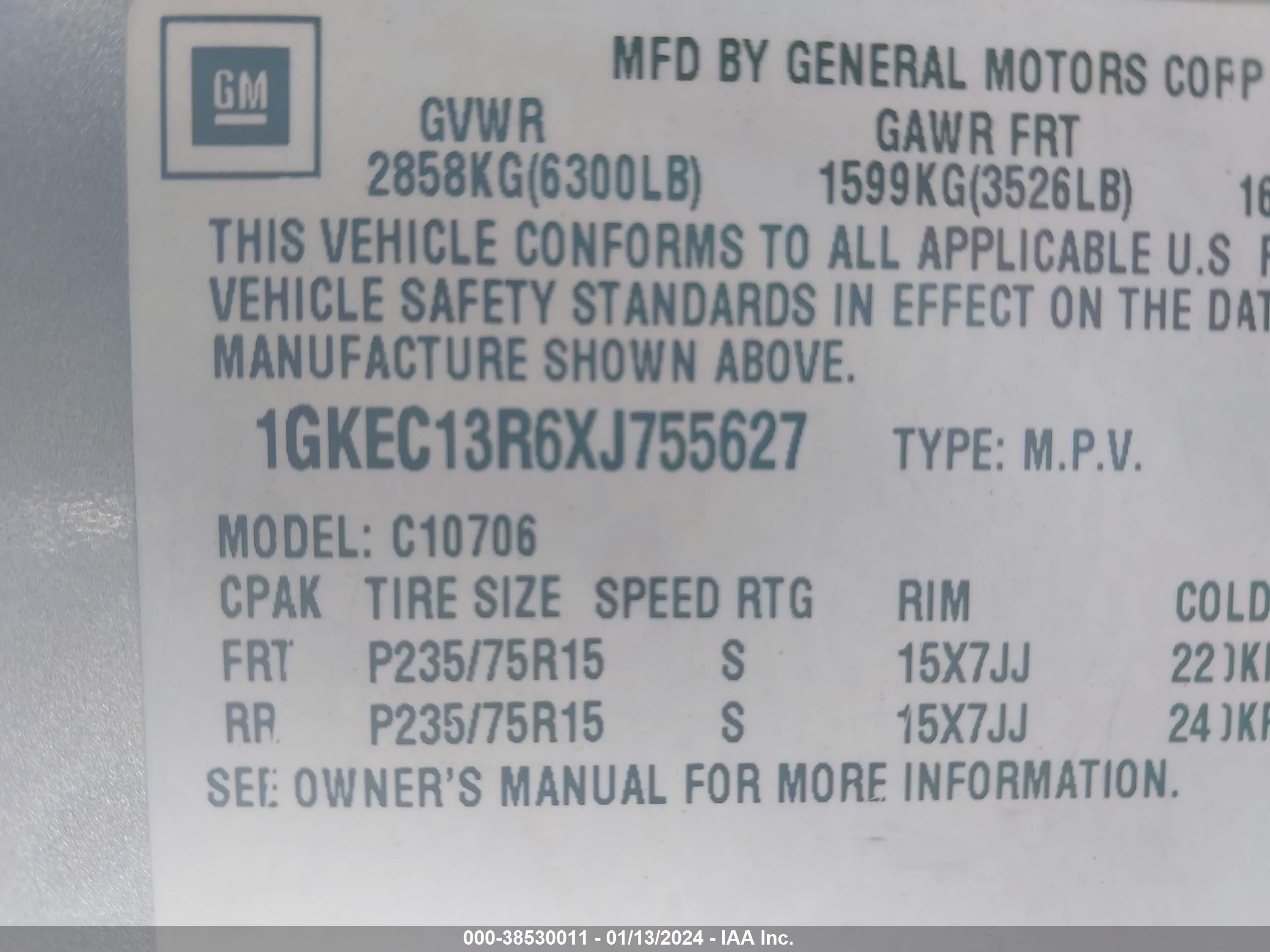 Photo 8 VIN: 1GKEC13R6XJ755627 - GMC YUKON 