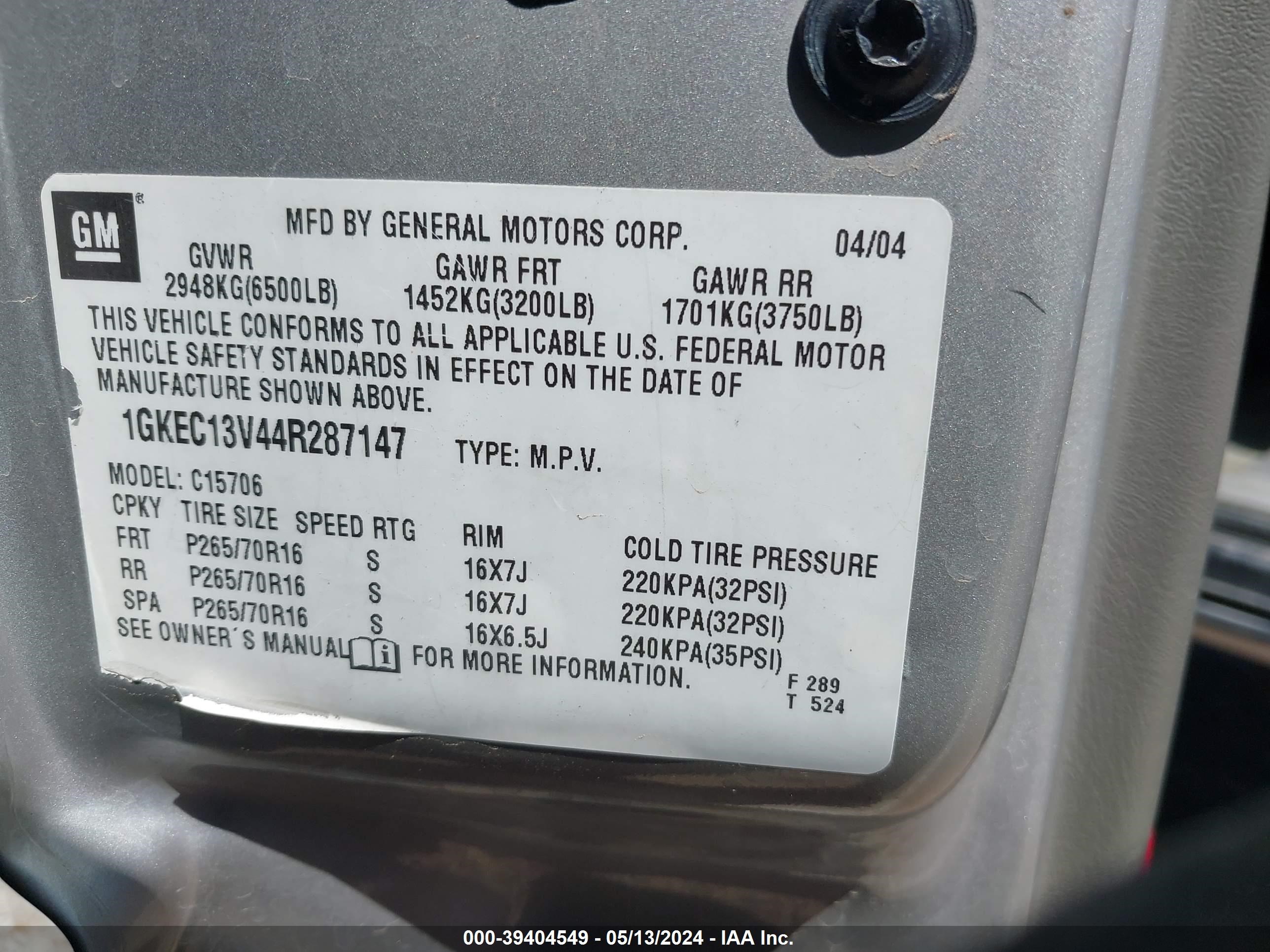 Photo 8 VIN: 1GKEC13V44R287147 - GMC YUKON 