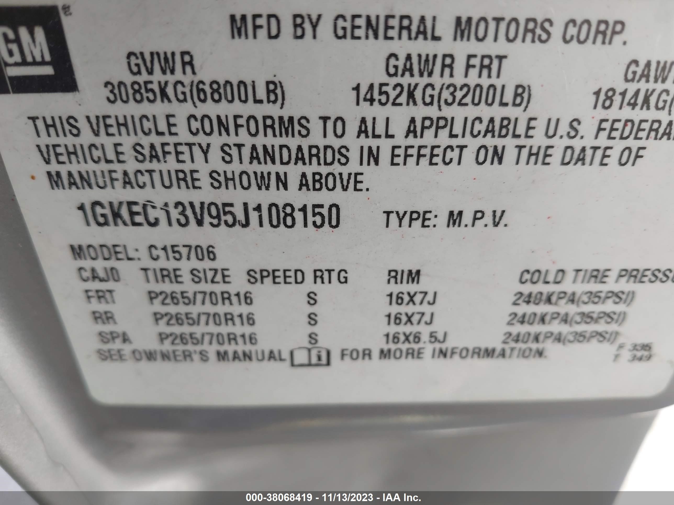 Photo 8 VIN: 1GKEC13V95J108150 - GMC YUKON 