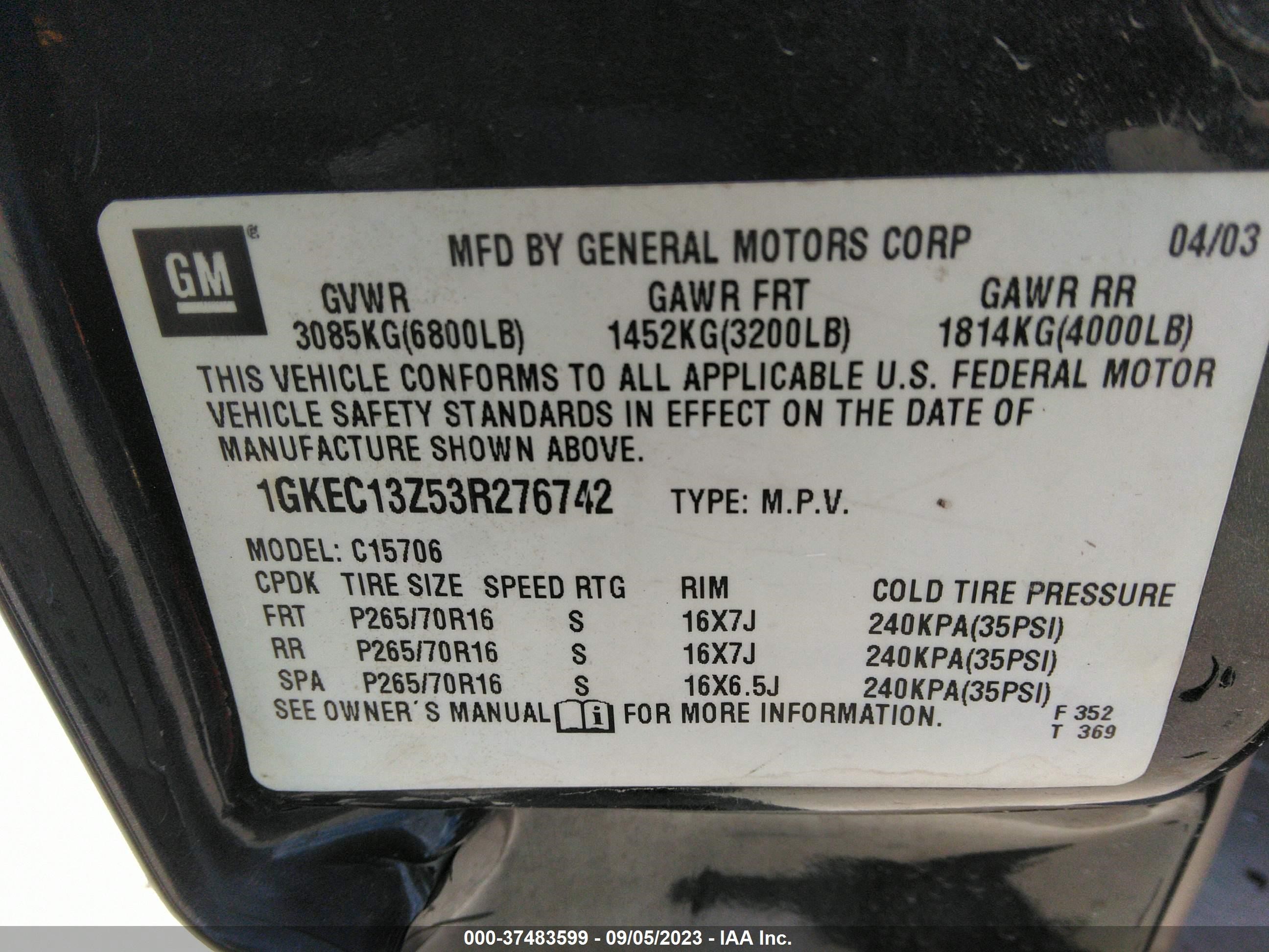 Photo 8 VIN: 1GKEC13Z53R276742 - GMC YUKON 