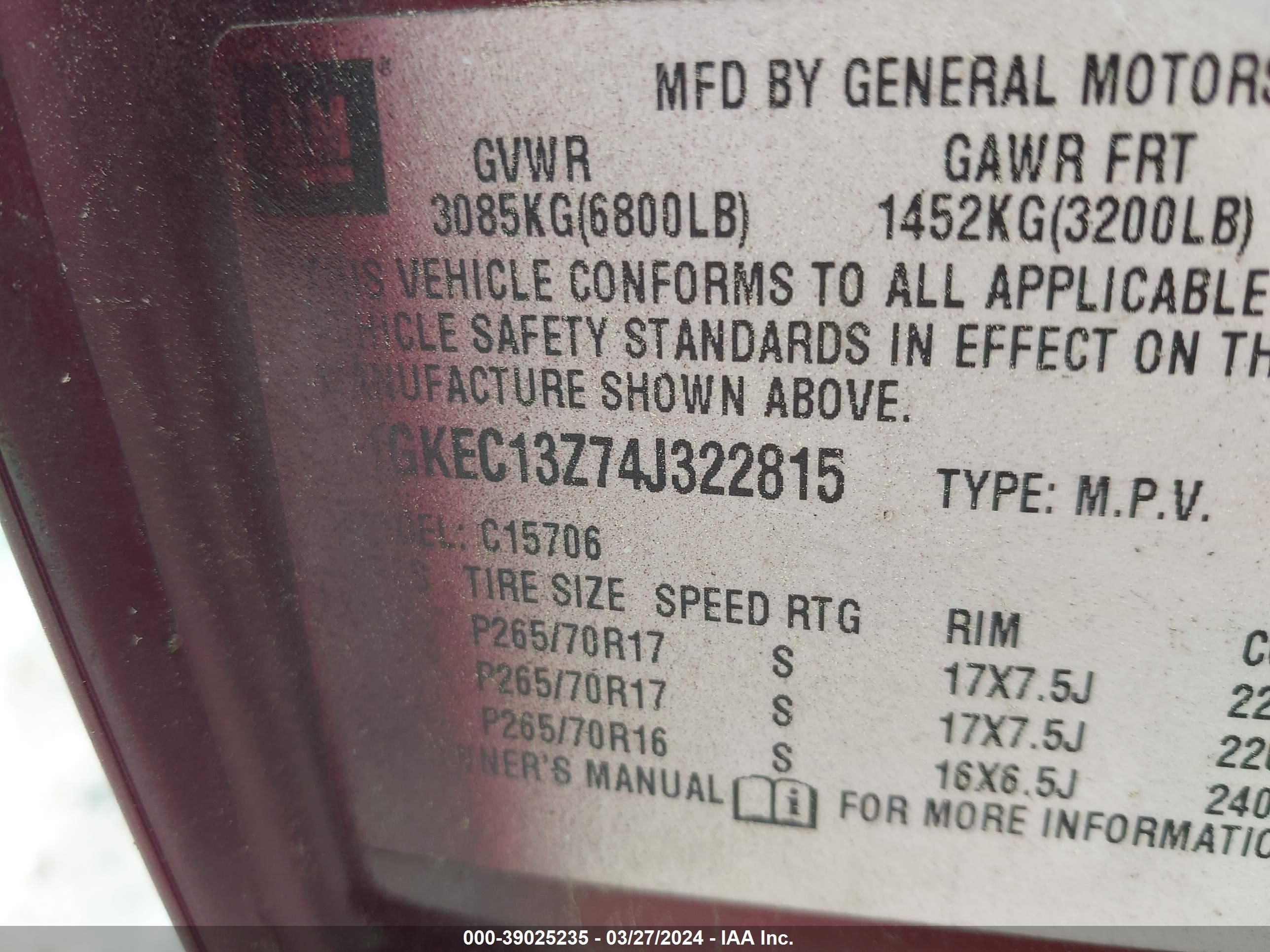 Photo 8 VIN: 1GKEC13Z74J322815 - GMC YUKON 