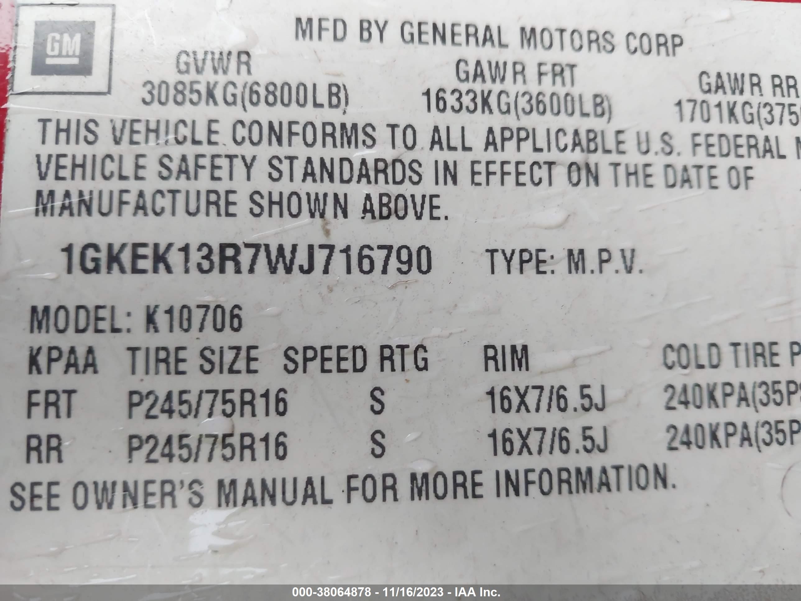 Photo 8 VIN: 1GKEK13R7WJ716790 - GMC YUKON 