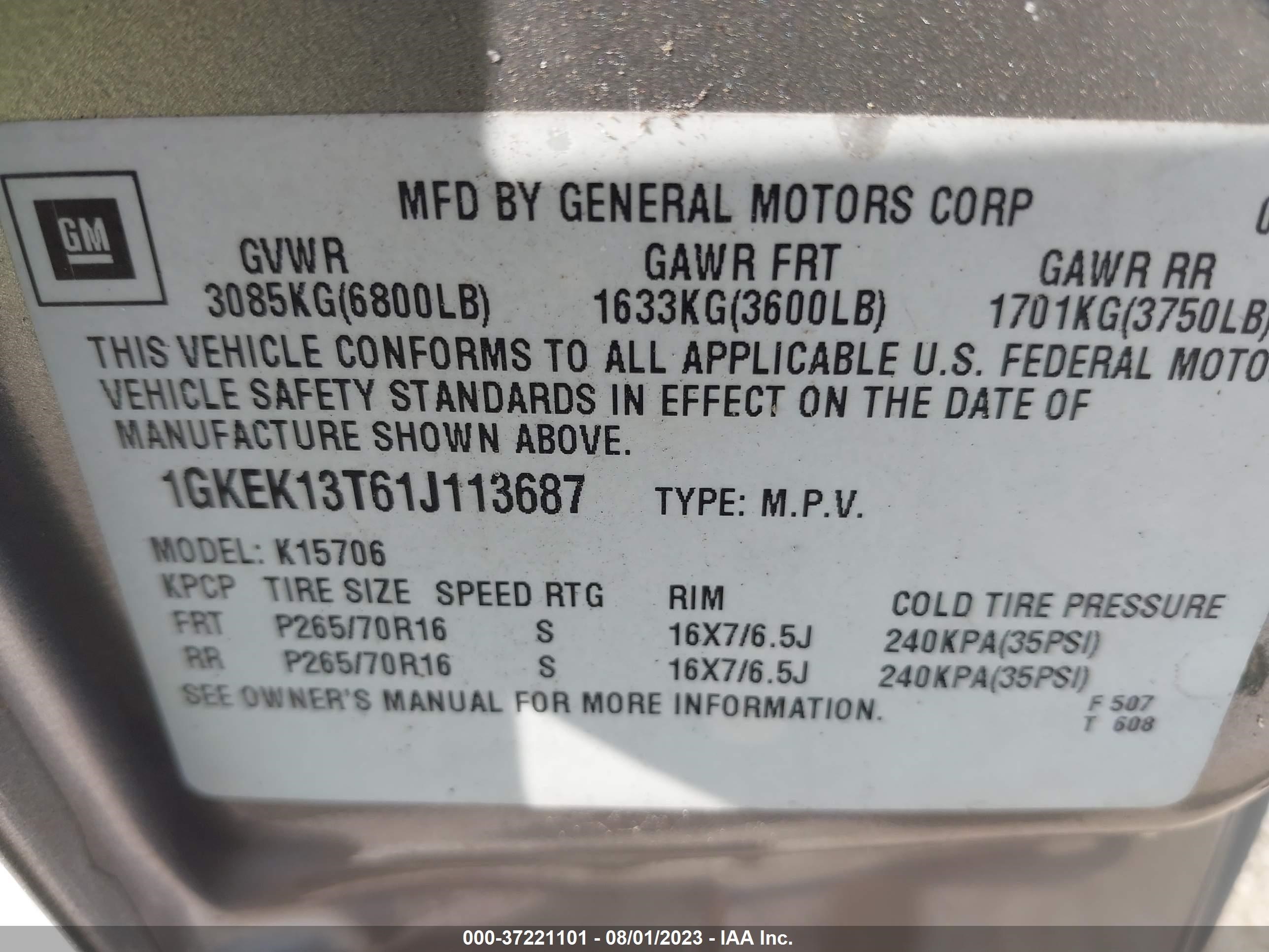 Photo 8 VIN: 1GKEK13T61J113687 - GMC YUKON 