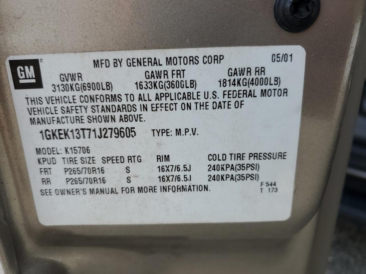 Photo 13 VIN: 1GKEK13T71J279605 - GMC YUKON 