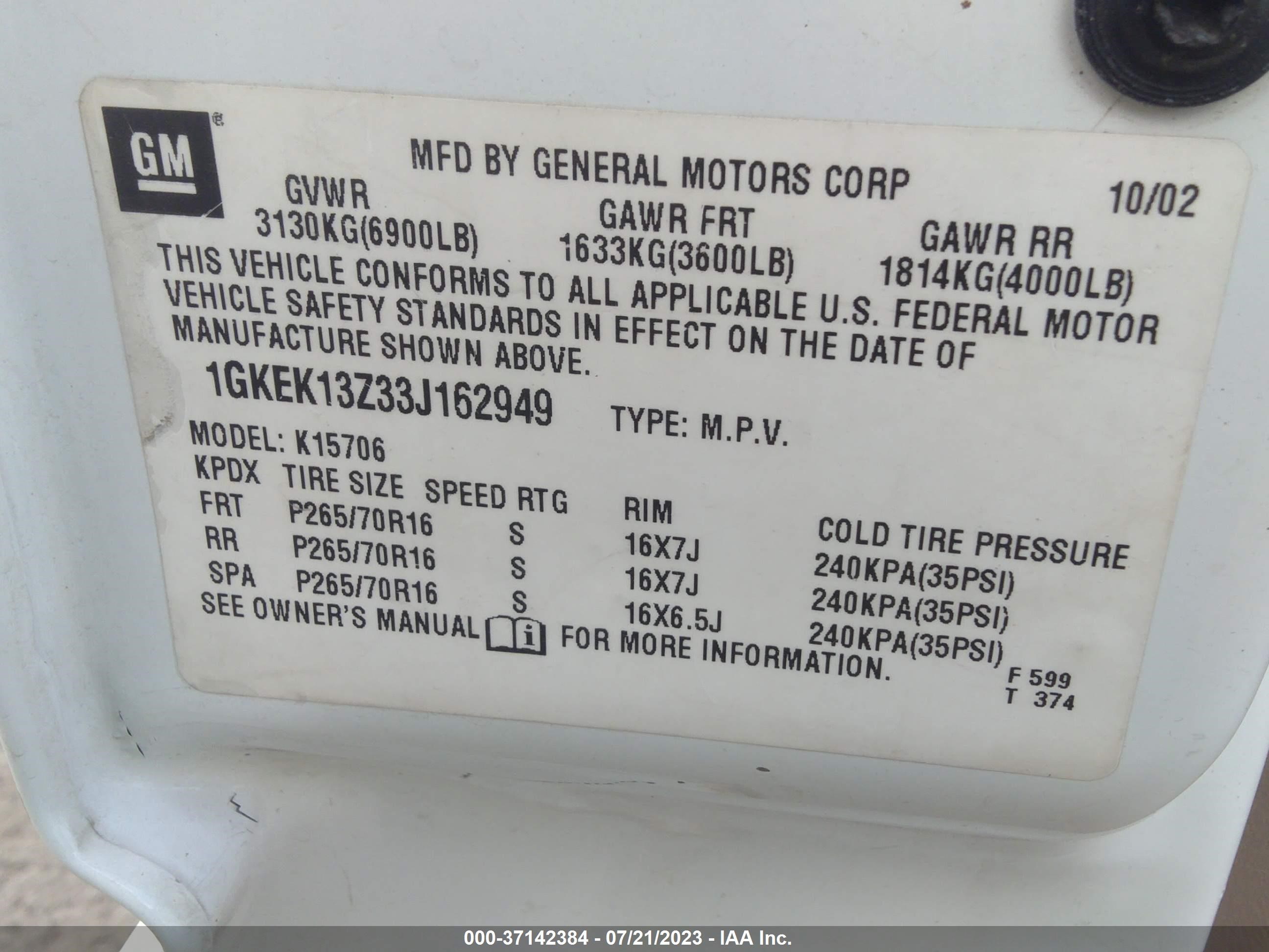 Photo 9 VIN: 1GKEK13Z33J162949 - GMC YUKON 