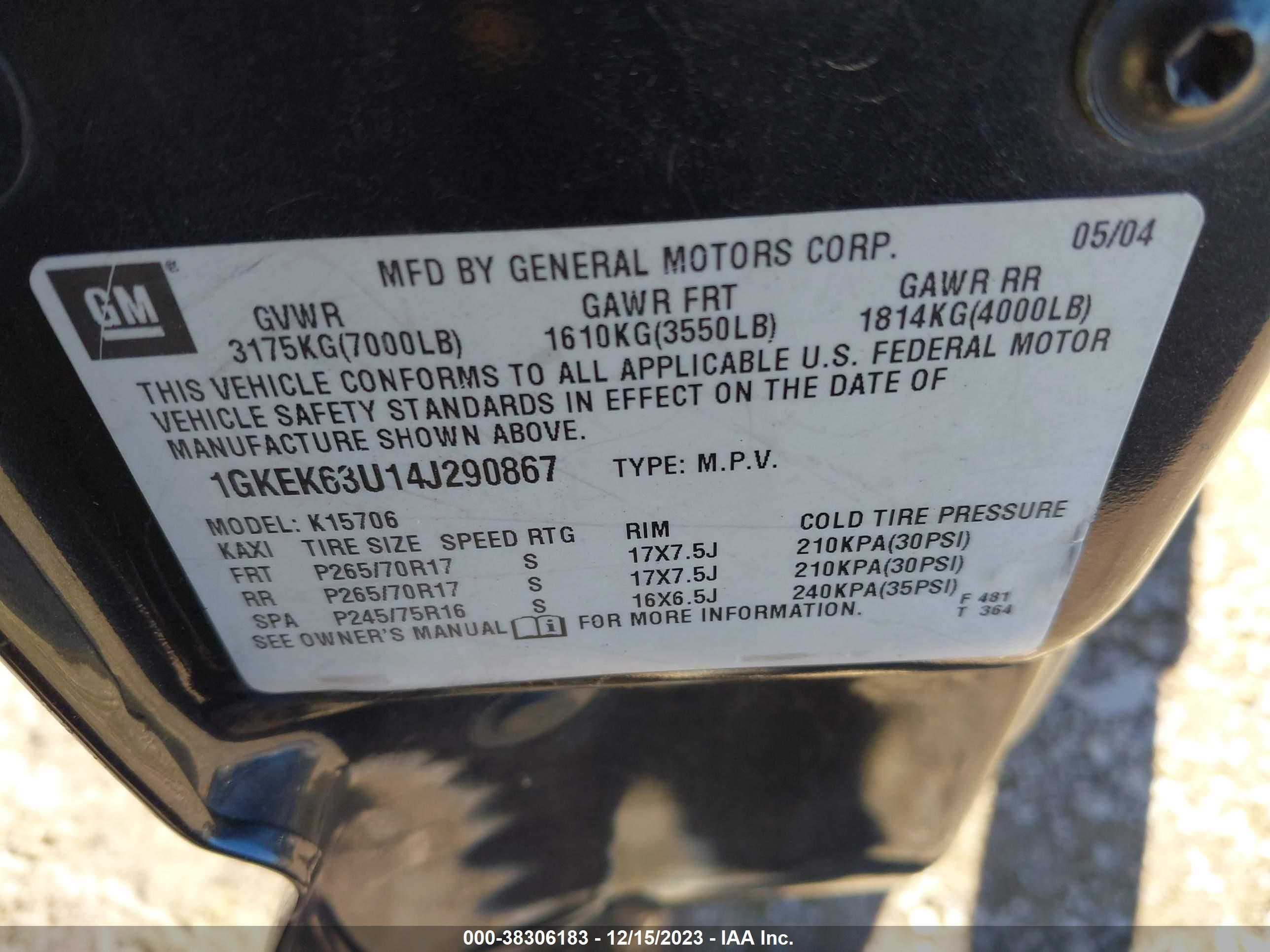 Photo 8 VIN: 1GKEK63U14J290867 - GMC YUKON 