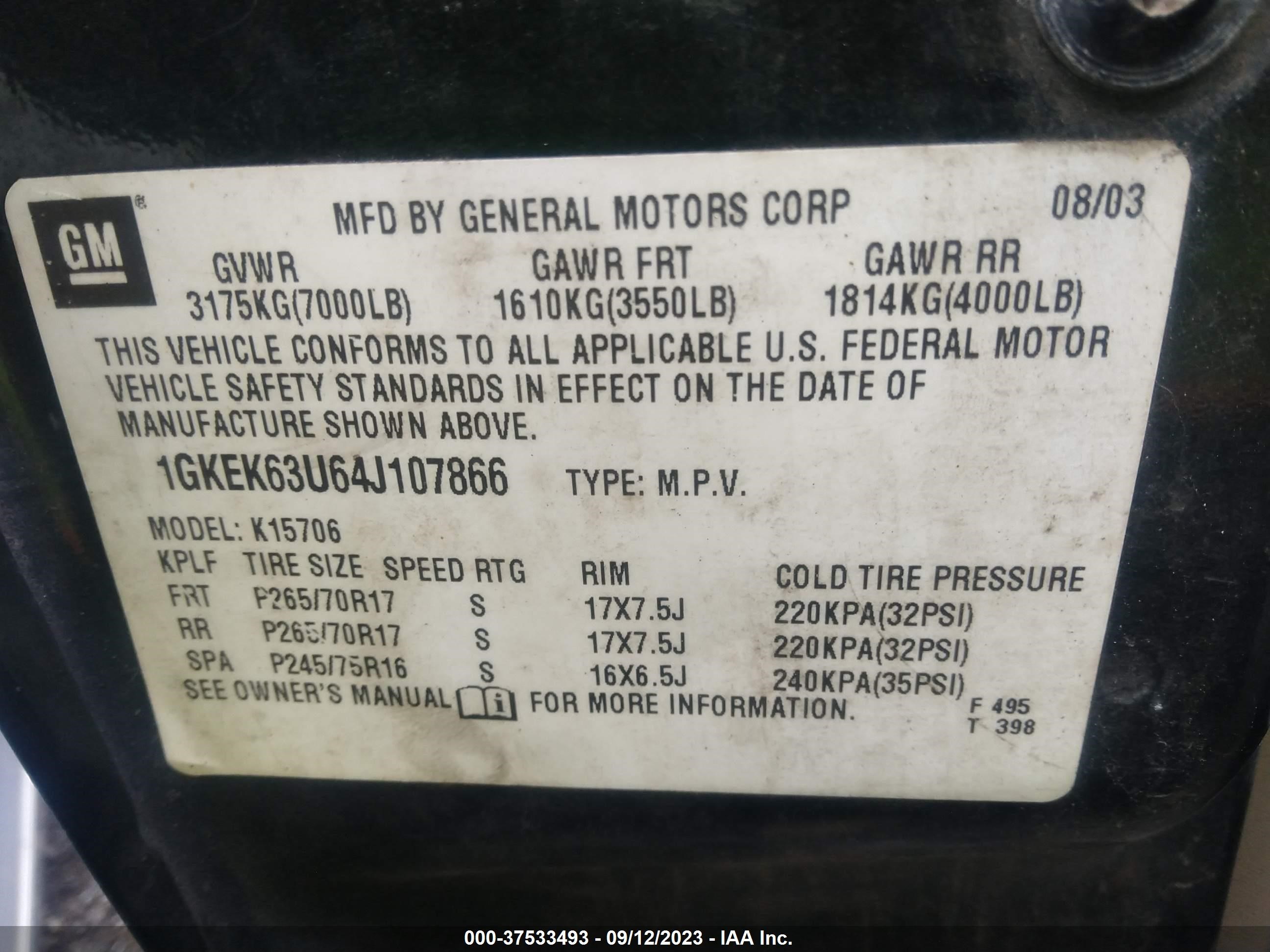 Photo 8 VIN: 1GKEK63U64J107866 - GMC YUKON 