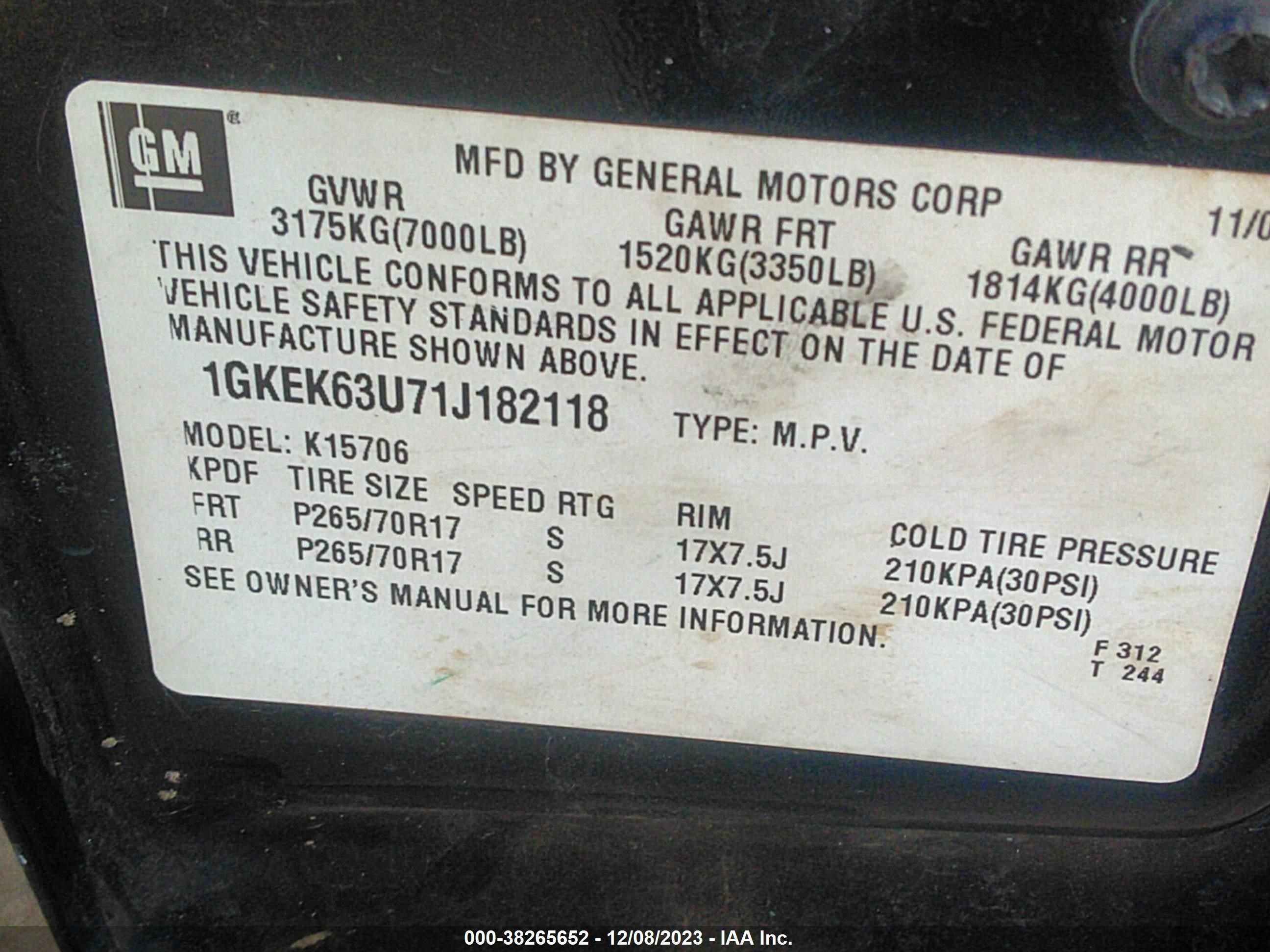 Photo 8 VIN: 1GKEK63U71J182118 - GMC YUKON 