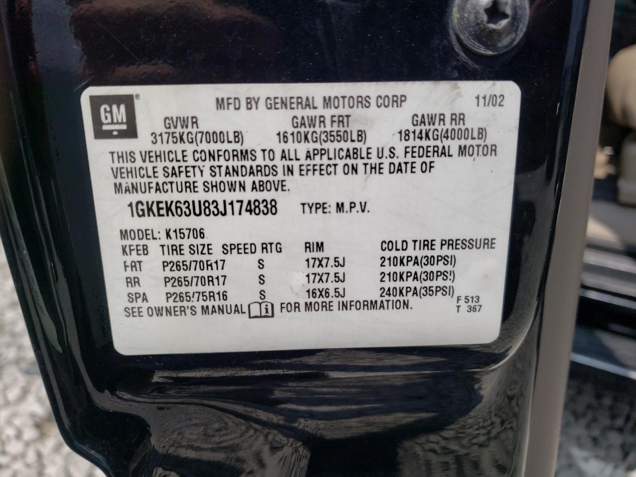 Photo 12 VIN: 1GKEK63U83J174838 - GMC YUKON 