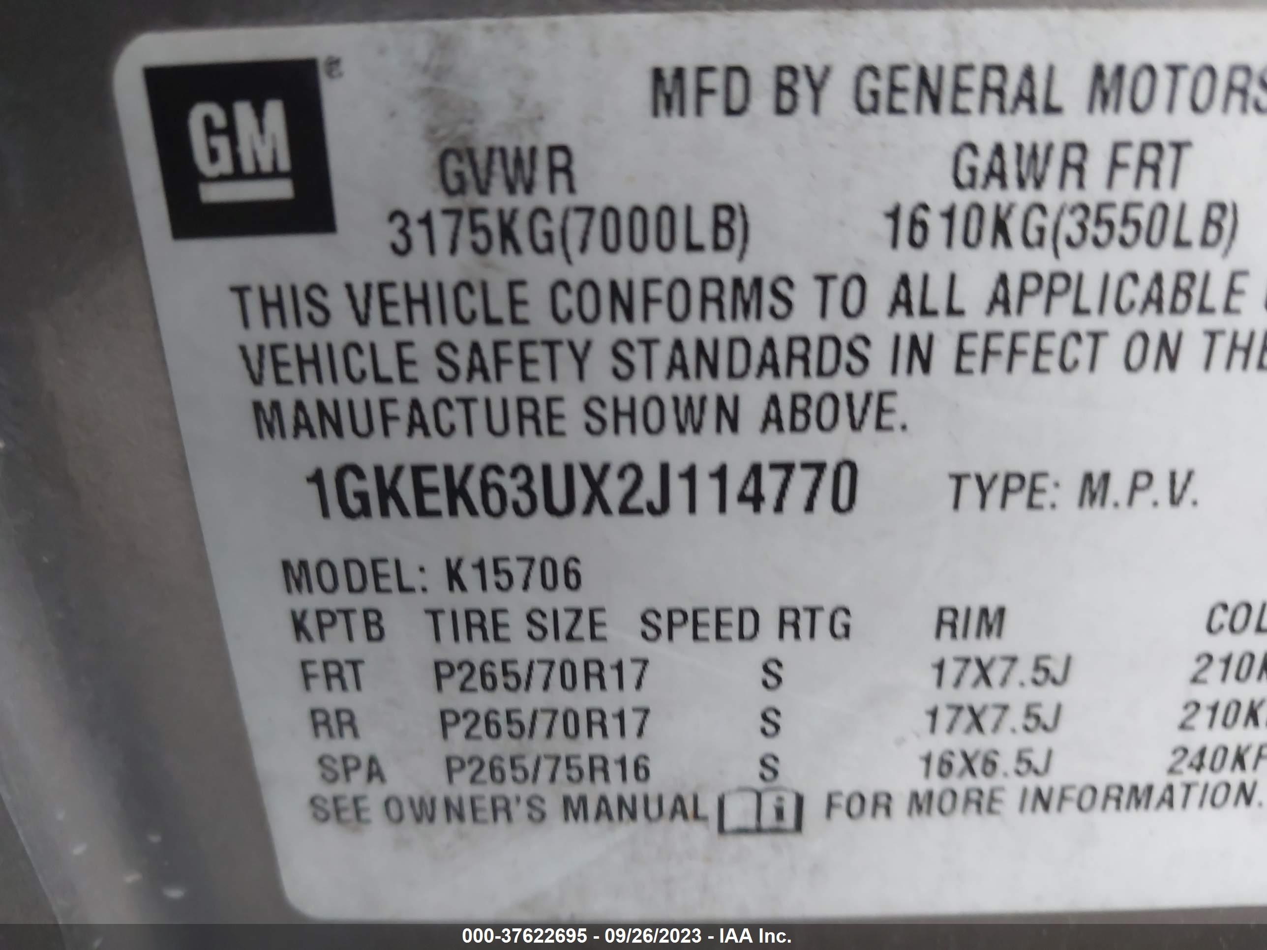 Photo 8 VIN: 1GKEK63UX2J114770 - GMC YUKON 