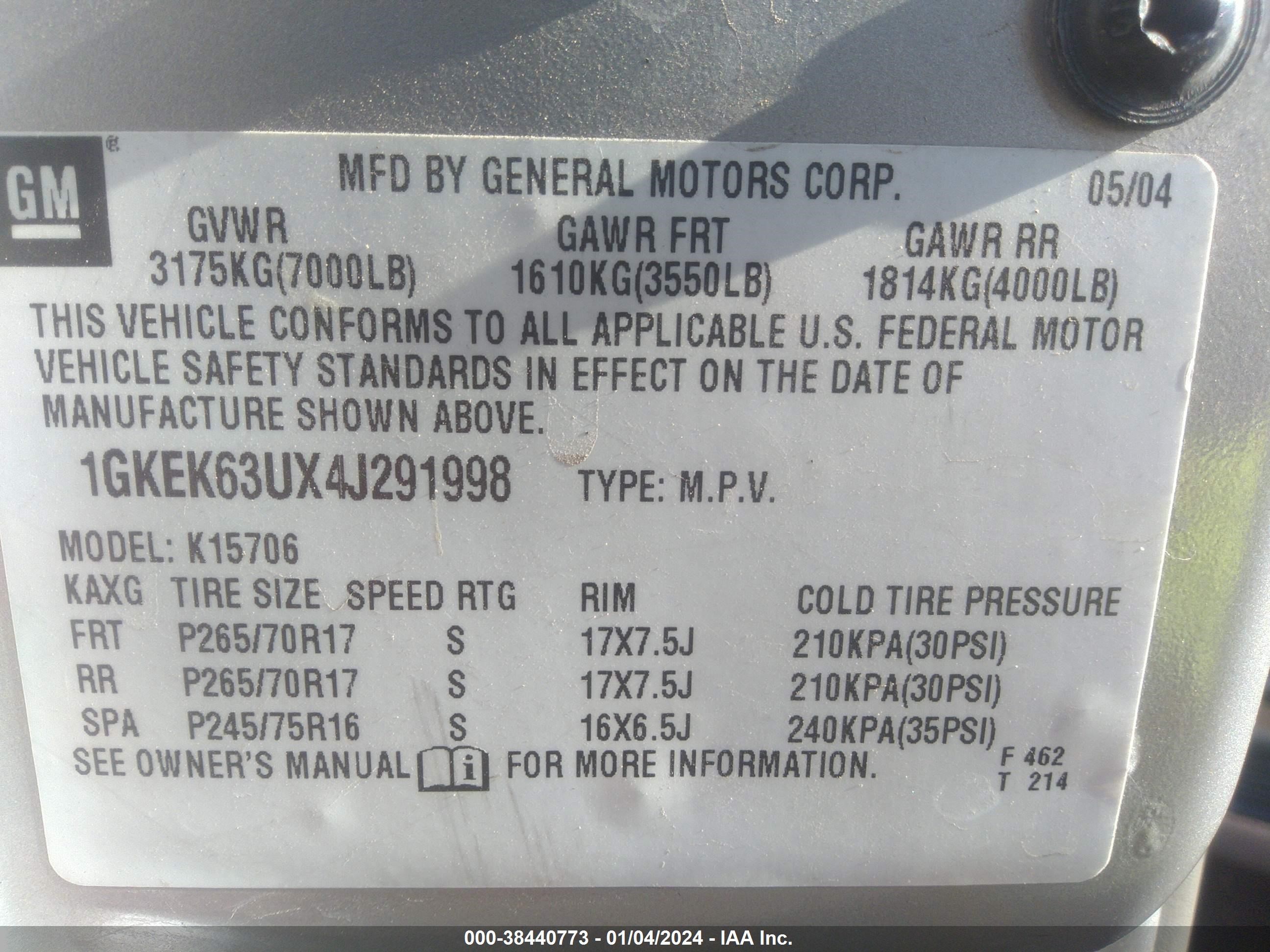 Photo 8 VIN: 1GKEK63UX4J291998 - GMC YUKON 