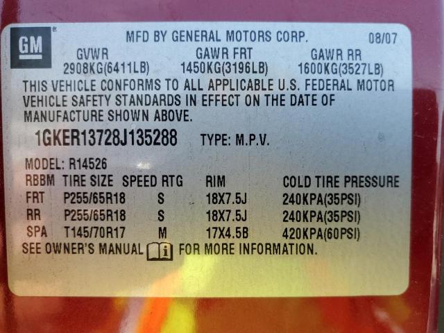 Photo 9 VIN: 1GKER13728J135288 - GMC ACADIA SLE 