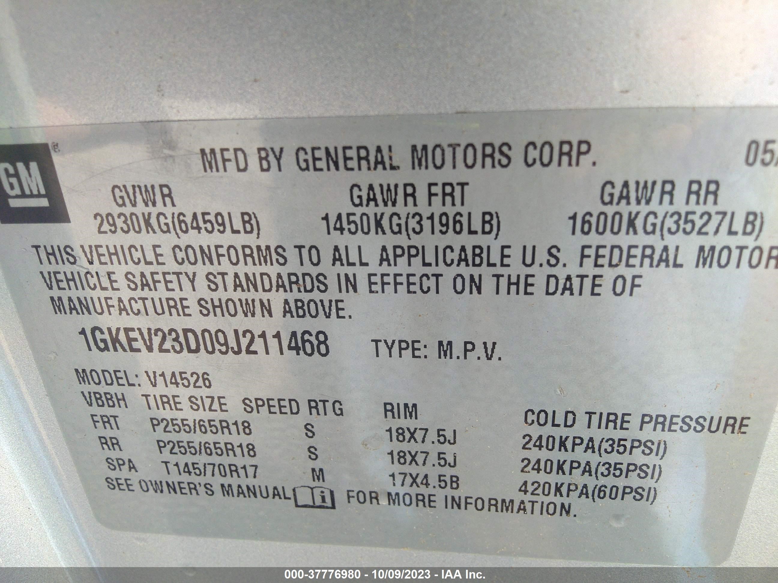 Photo 8 VIN: 1GKEV23D09J211468 - GMC ACADIA 