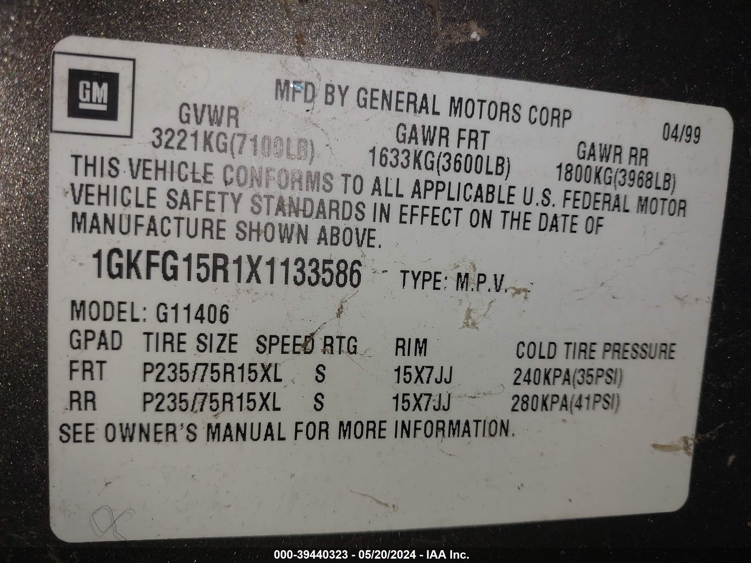 Photo 8 VIN: 1GKFG15R1X1133586 - GMC SAVANA 